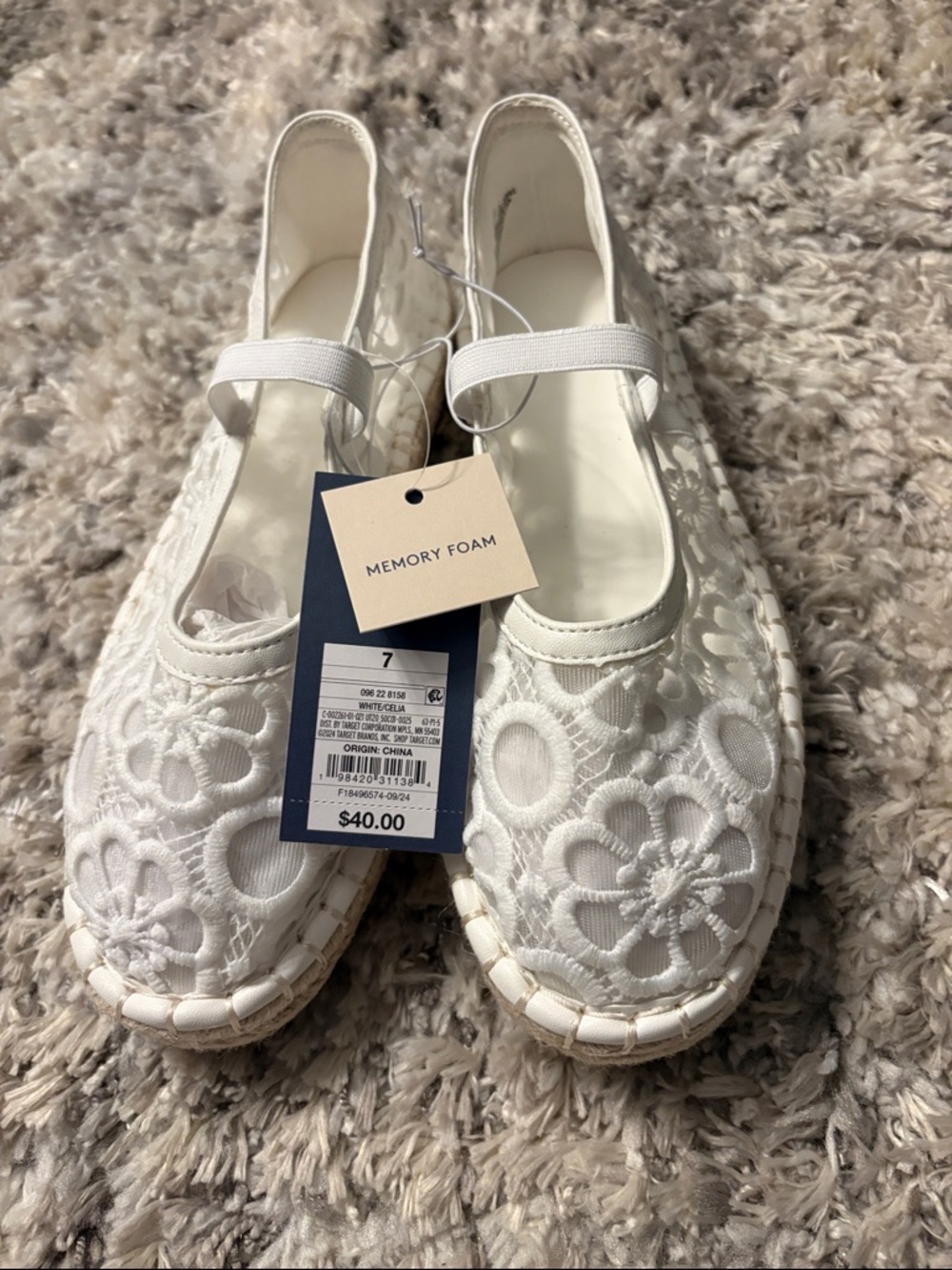 Women’s White Memory Foam Floral Espadrille Flats